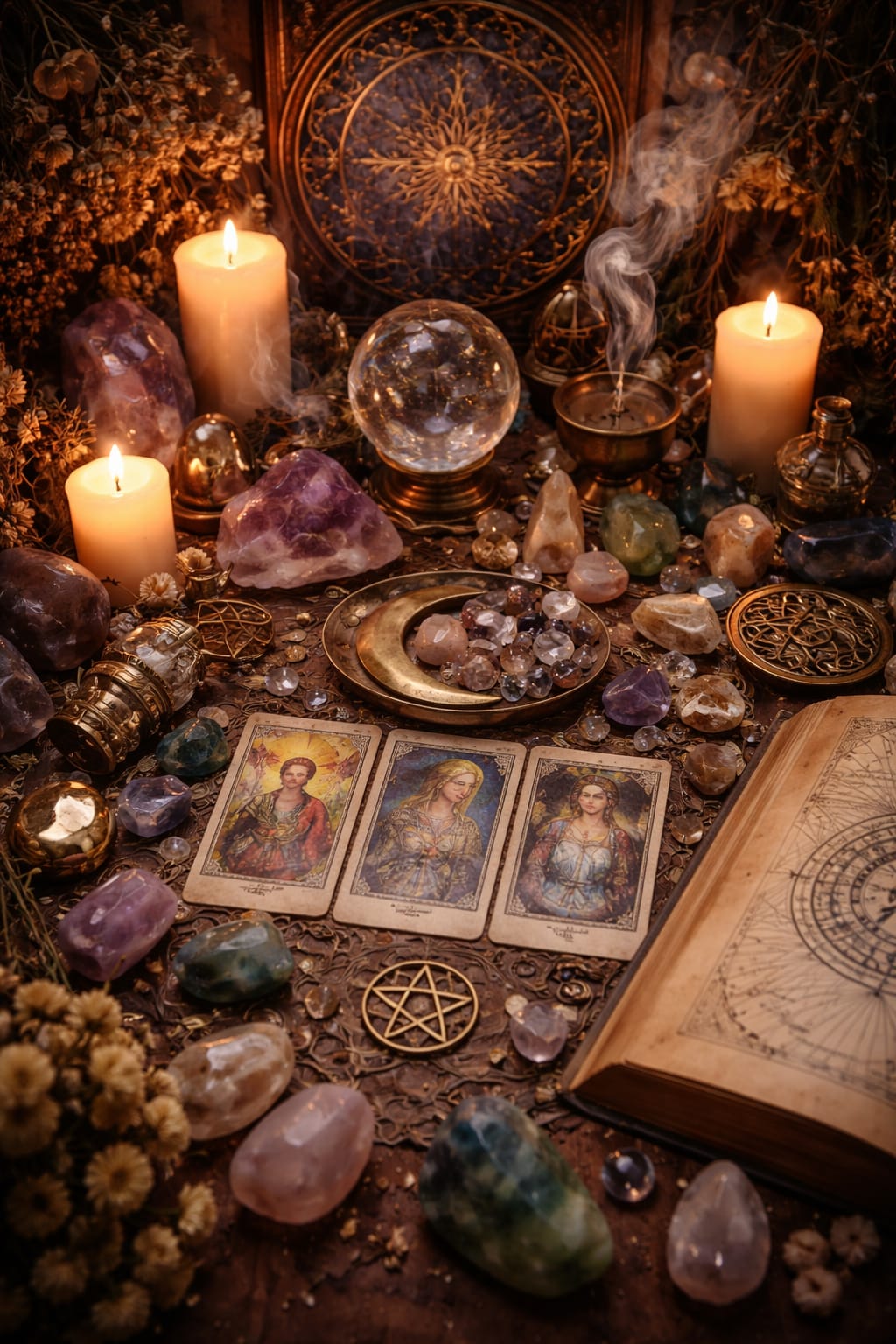 Altar real de Astroamor con cristales, velas, tarot y libro de astrología