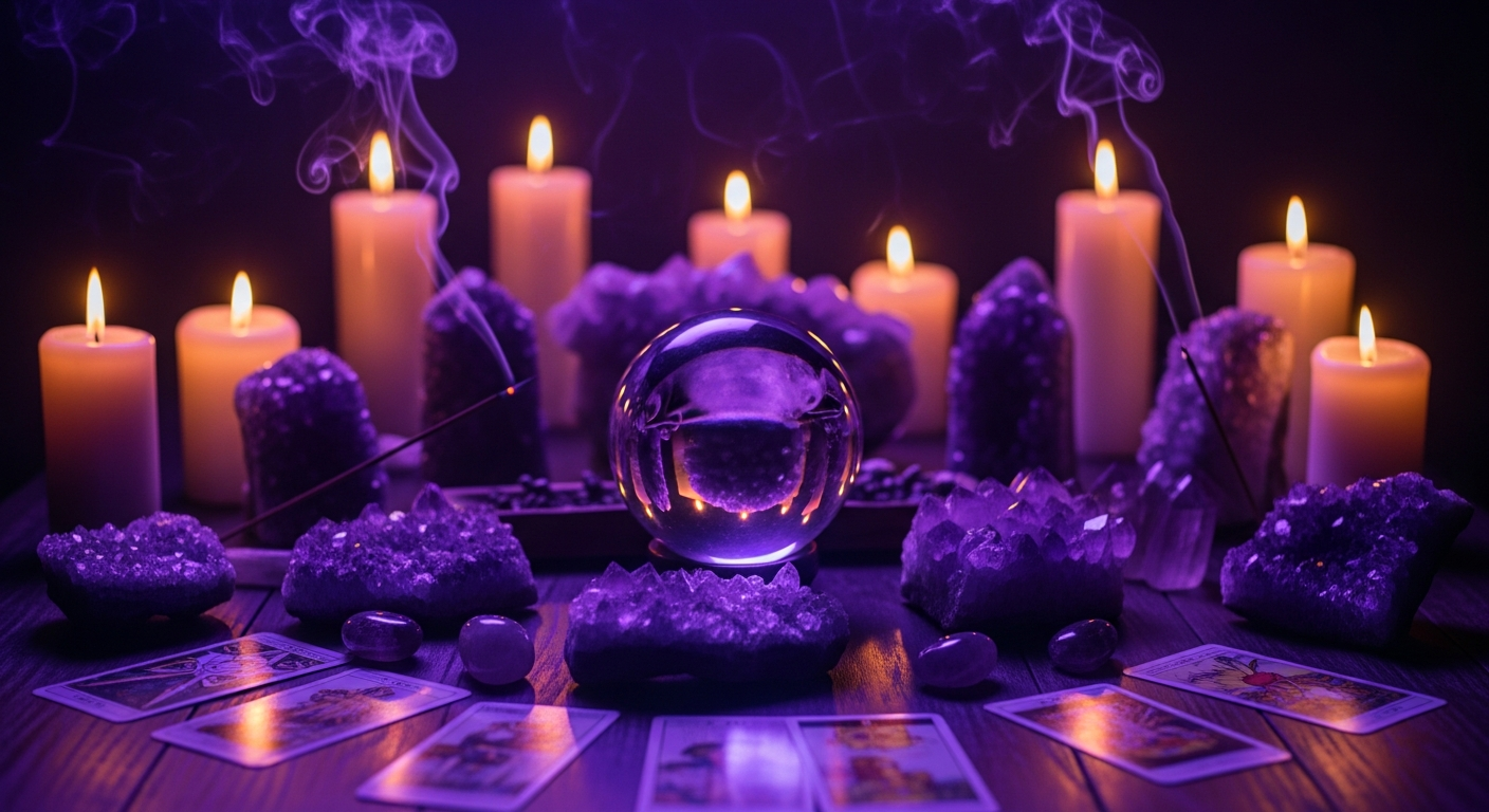 Altar místico con velas, cristales y bola de cristal en penumbra violeta
